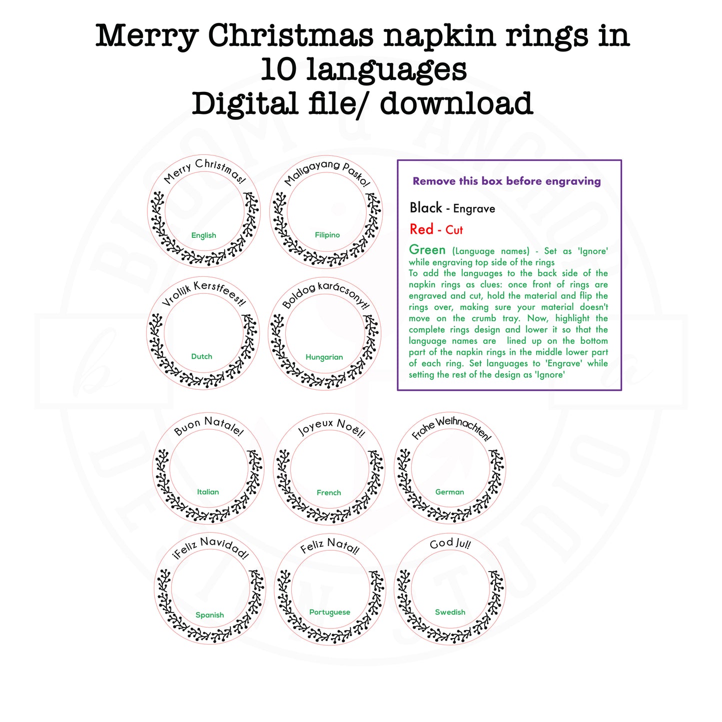 Laser cut file Christmas napkin rings, Merry Christmas in 10 languages, Instant download, Glowforge ready