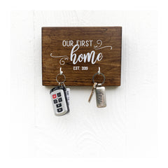 Our First Home key holder for wall, wooden key rack with 2 hooks, our first home, gift for new home owners, housewarming - Bloom And Anchor