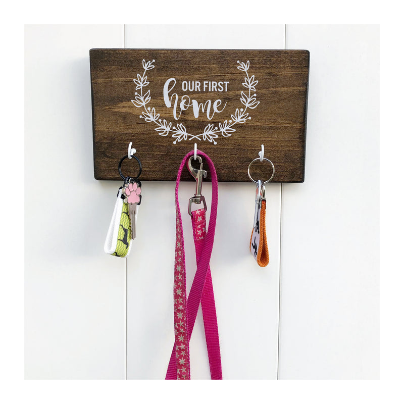 My First Home key holder for wall, wooden key rack with 3 hooks, our first home with magnolia wreath - Bloom And Anchor