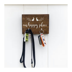 Our happy place, key holder for wall, wooden key holder with 2 hooks, bunny key holder, rustic key rack, farmhouse style - Bloom And Anchor