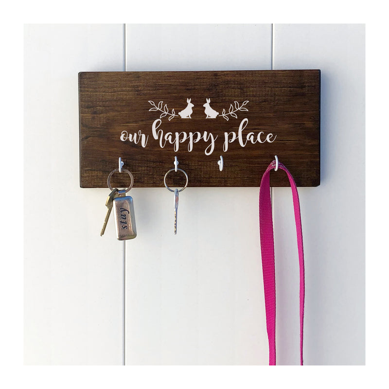 Our happy place, key holder for wall, wooden key holder with 4 hooks, bunny key holder, rustic key rack, farmhouse style - Bloom And Anchor