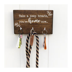 Take a deep breath you are home now key holder for wall, wooden key holder with 3 hooks, rustic key rack, farmhouse style - Bloom And Anchor