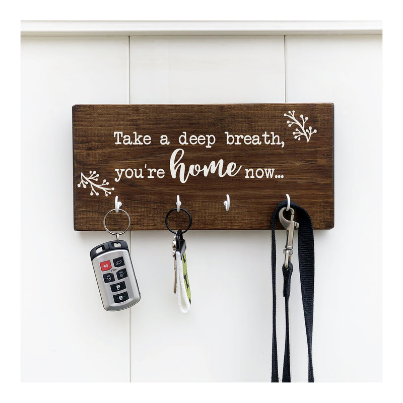Take a deep breath you are home now family key holder for wall, wooden key holder with 4 hooks, rustic key rack, farmhouse style - Bloom And Anchor