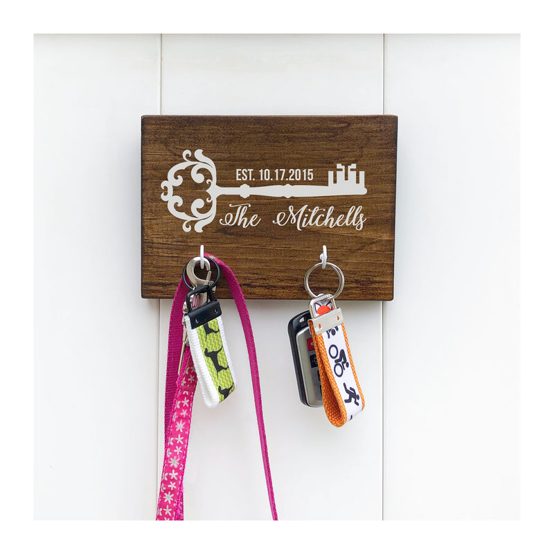 Personalized key holder for wall, wooden key holder with 2 hooks, key holder for couples with family name and wedding date, wedding gift, anniversary, rustic key rack, farmhouse style - Bloom And Anchor