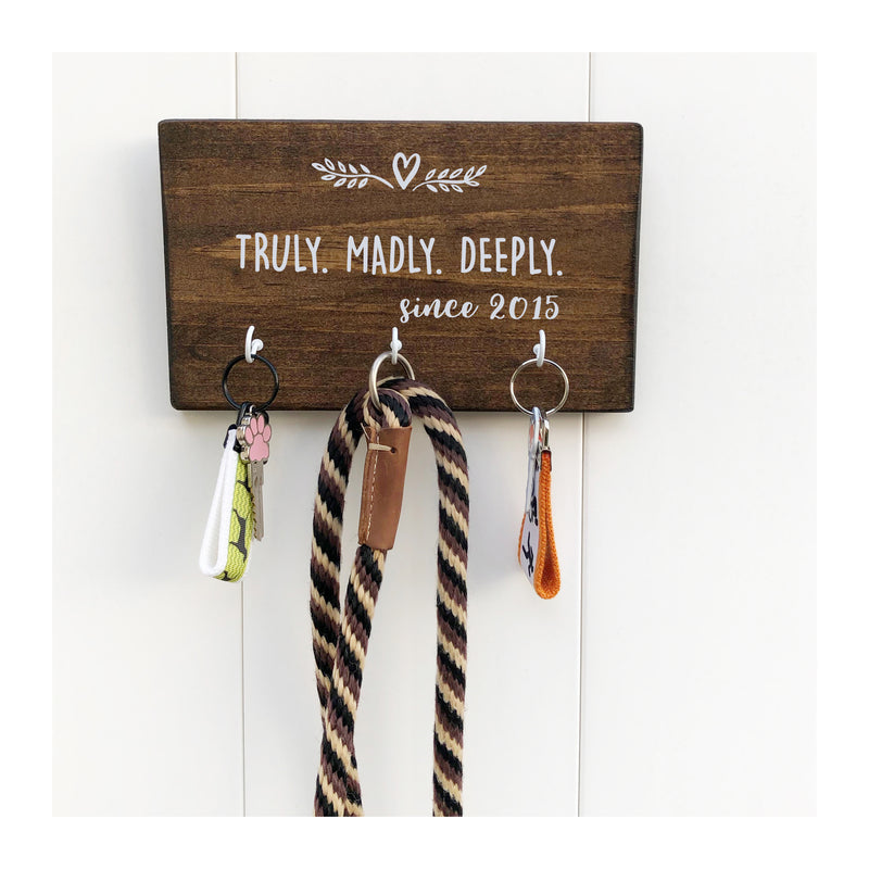 Truly madly deeply personalized key holder for wall, wooden key holder with 3 hooks, rustic key rack, farmhouse style - Bloom And Anchor