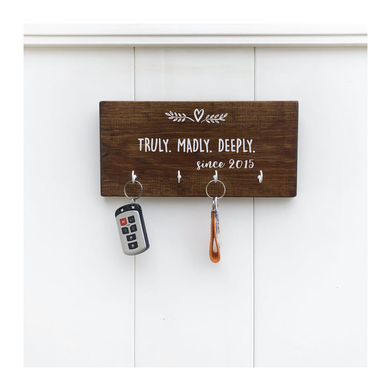 Truly madly deeply family key holder for wall, wooden key holder with 4 hooks, rustic key rack, farmhouse style - Bloom And Anchor