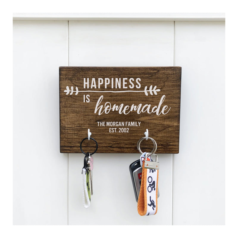 Personalized Happiness is homemade wooden wall sign with 2 hooks, anniversary, wedding, birthday, teacher gift, housewarming gift - Bloom And Anchor