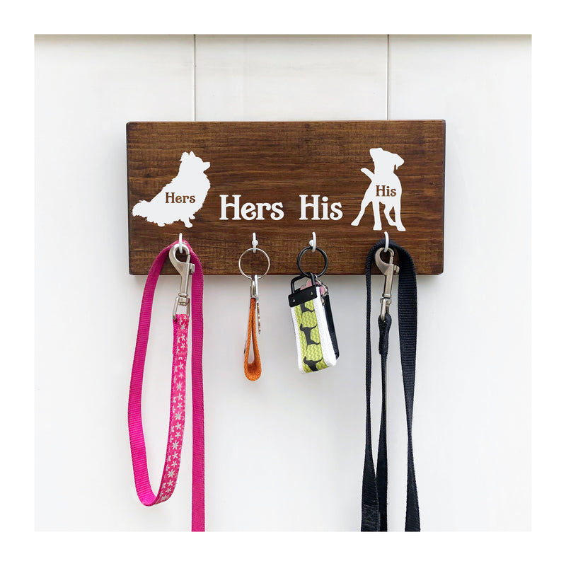 His Hers and Pets key / leash holder for wall with 4 hooks, wooden key rack, gift for pet parents, pet owners, pet lovers gift - Bloom And Anchor