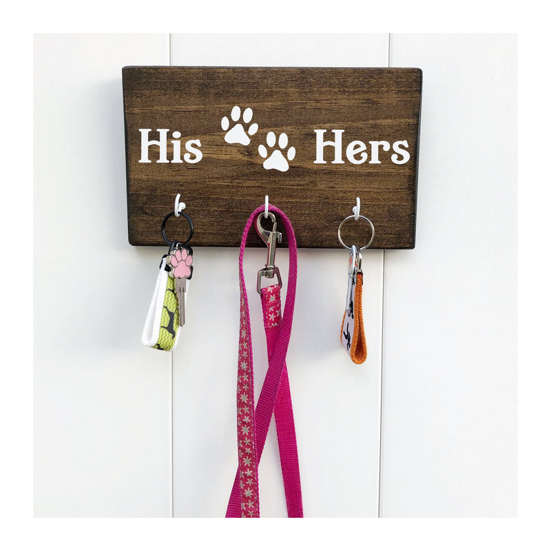 Personalized His Hers and Pets key / leash holder for wall with 3 hooks, wooden key rack with paw prints, gift for dog parents, new dog, new cat, new pet, pet owners, pet lovers gift, gift from realtor - Bloom And Anchor