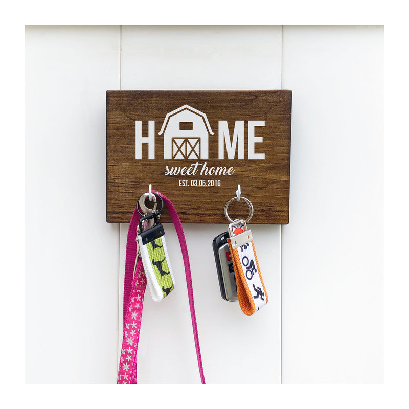 Home Sweet Home key holder for wall, wooden key rack with 2 hooks, home sweet home with barn, farmhouse style key holder - Bloom And Anchor