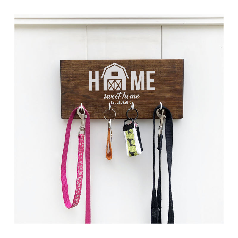 Home Sweet Home key holder for wall, wooden key rack with 4 hooks, our first home, barn, farmhouse style, key holder for families - Bloom And Anchor