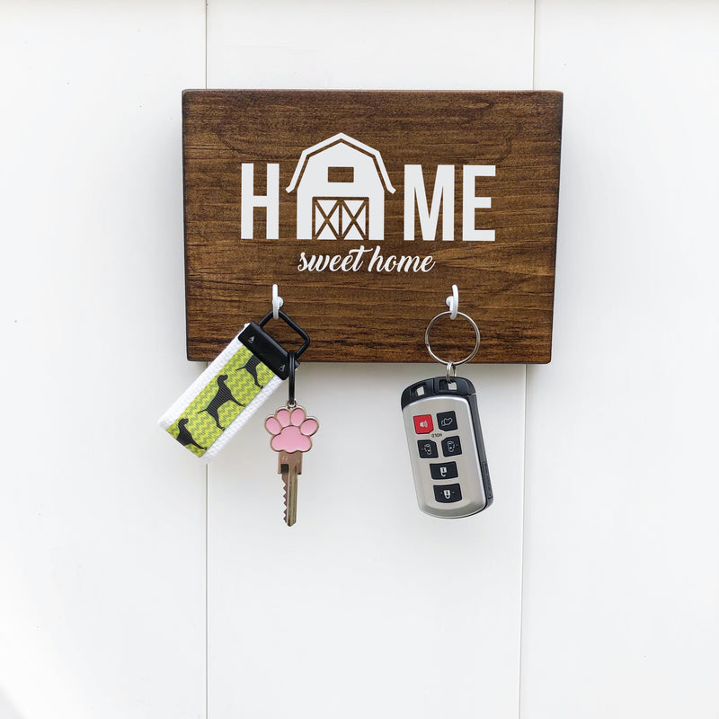 Home Sweet Home key holder for wall, wooden key rack with 2 hooks, home sweet home with barn, farmhouse style key holder - Bloom And Anchor