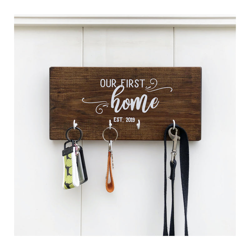 Our First Home key holder for wall, wooden key rack with 4 hooks, our first home, key holder for families, new home, first time home owners - Bloom And Anchor