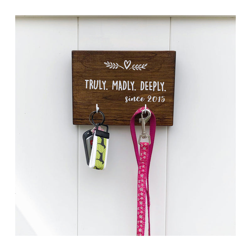 Truly madly deeply key holder for wall, realtor gift, wooden key holder with 2 hooks, key holder for couples, wedding, anniversary, rustic key rack, farmhouse style - Bloom And Anchor